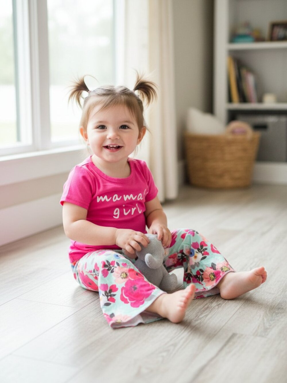 Mama's Girl Bell Bottom Outfit: Hot Pink Tee & Floral Mint Bottoms size 4t